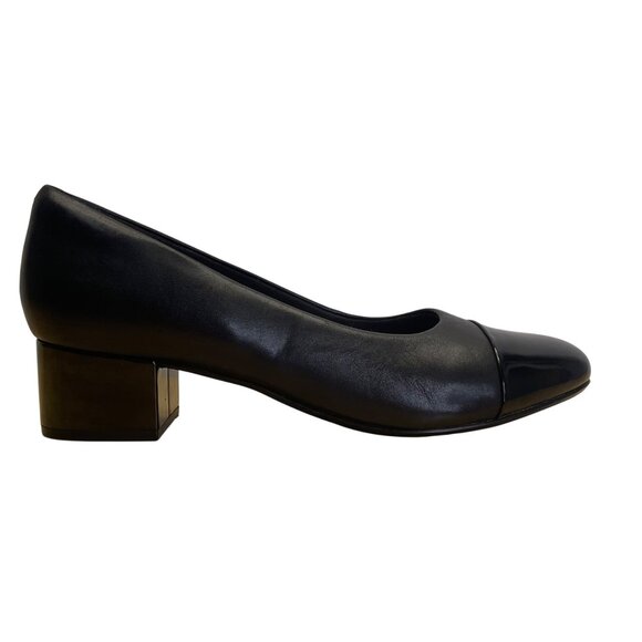 Clarks Women’s Black Combi Leather & Patent Chartli Diva Block Heel Pumps Sz 9M - Picture 1 of 10